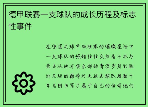 德甲联赛一支球队的成长历程及标志性事件