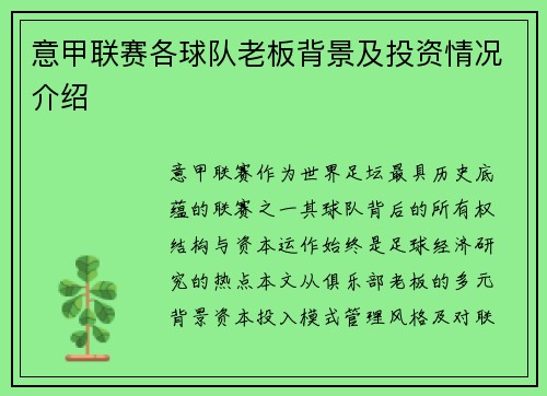 意甲联赛各球队老板背景及投资情况介绍