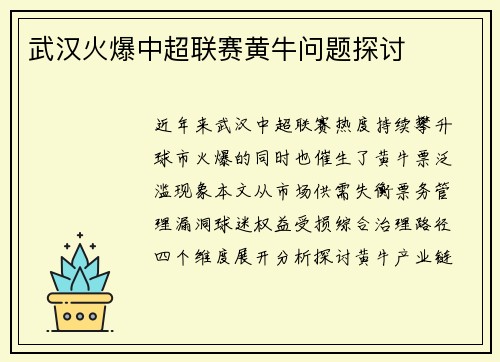 武汉火爆中超联赛黄牛问题探讨